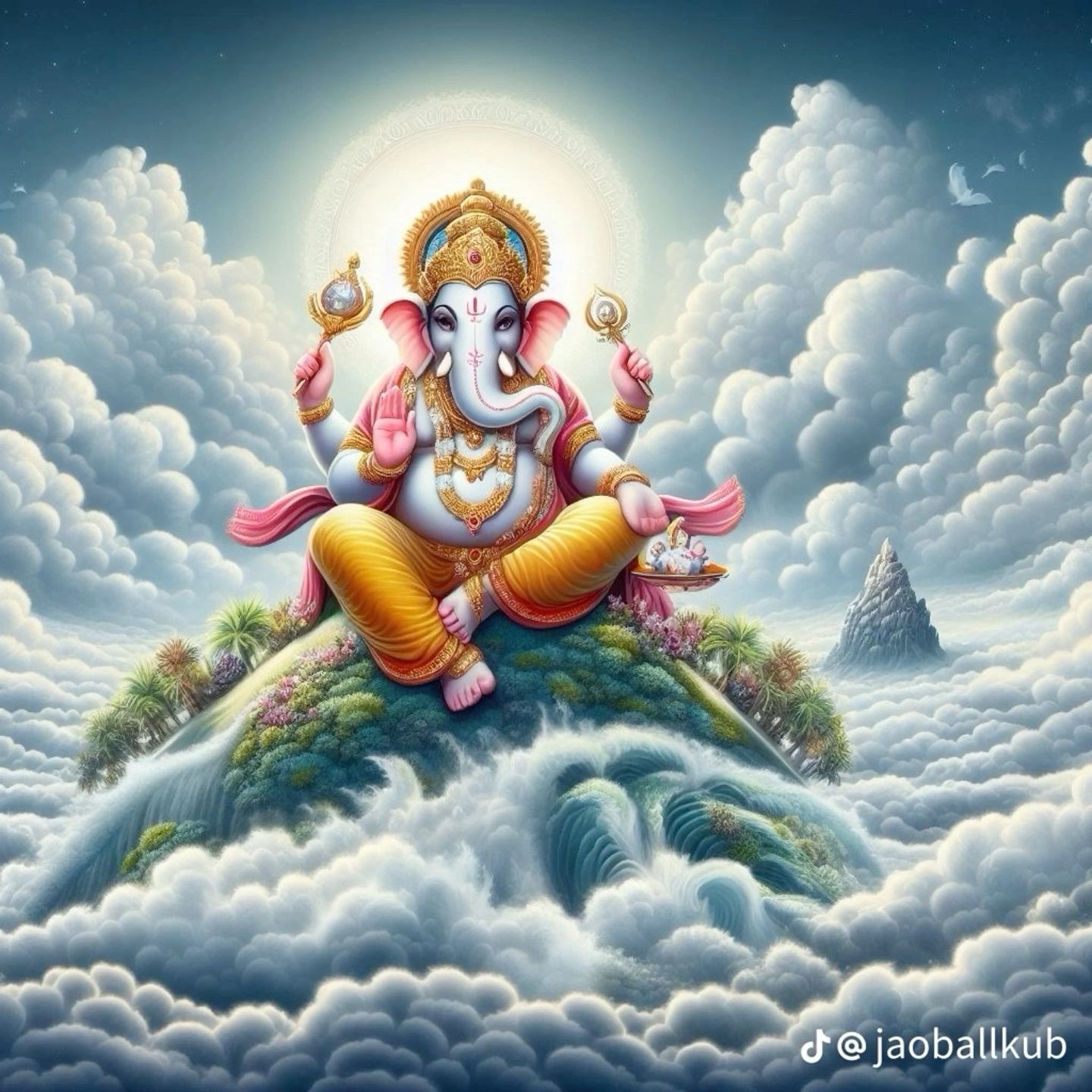 Lord Ganesha amidst clouds and waterfalls