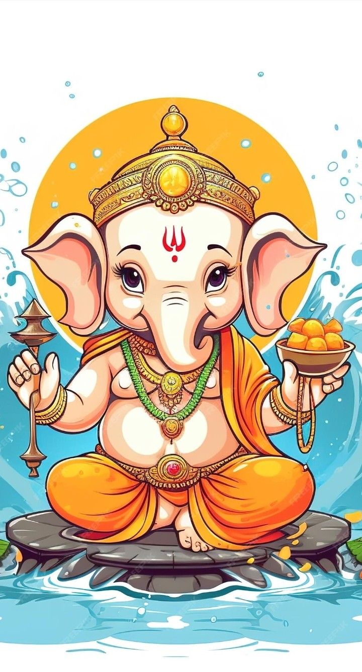 Smiling Ganesha seated on lotus flower