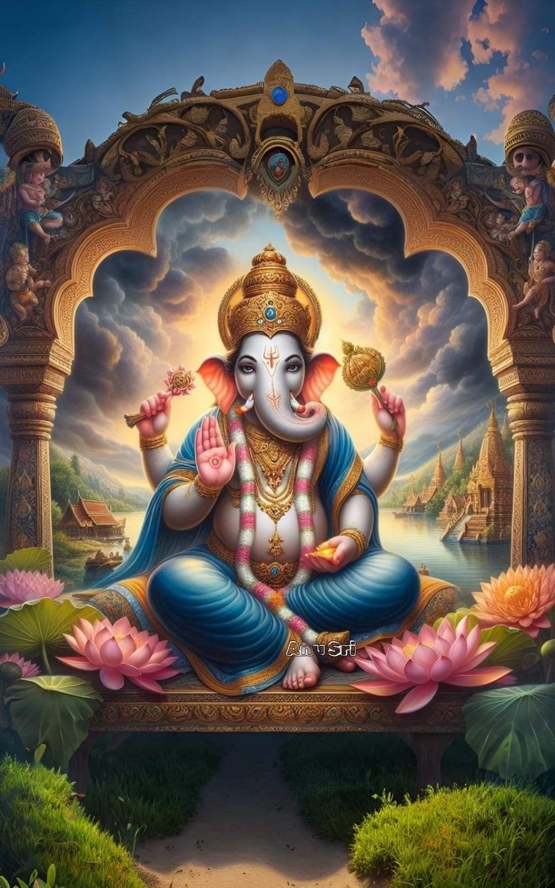 Lord Ganesha seated amidst lotuses
