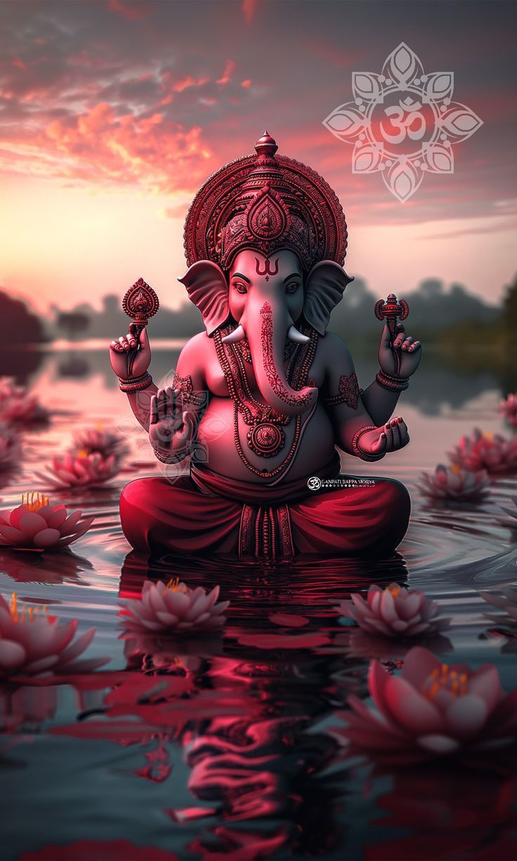 Ganesha seated amidst lotus flowers