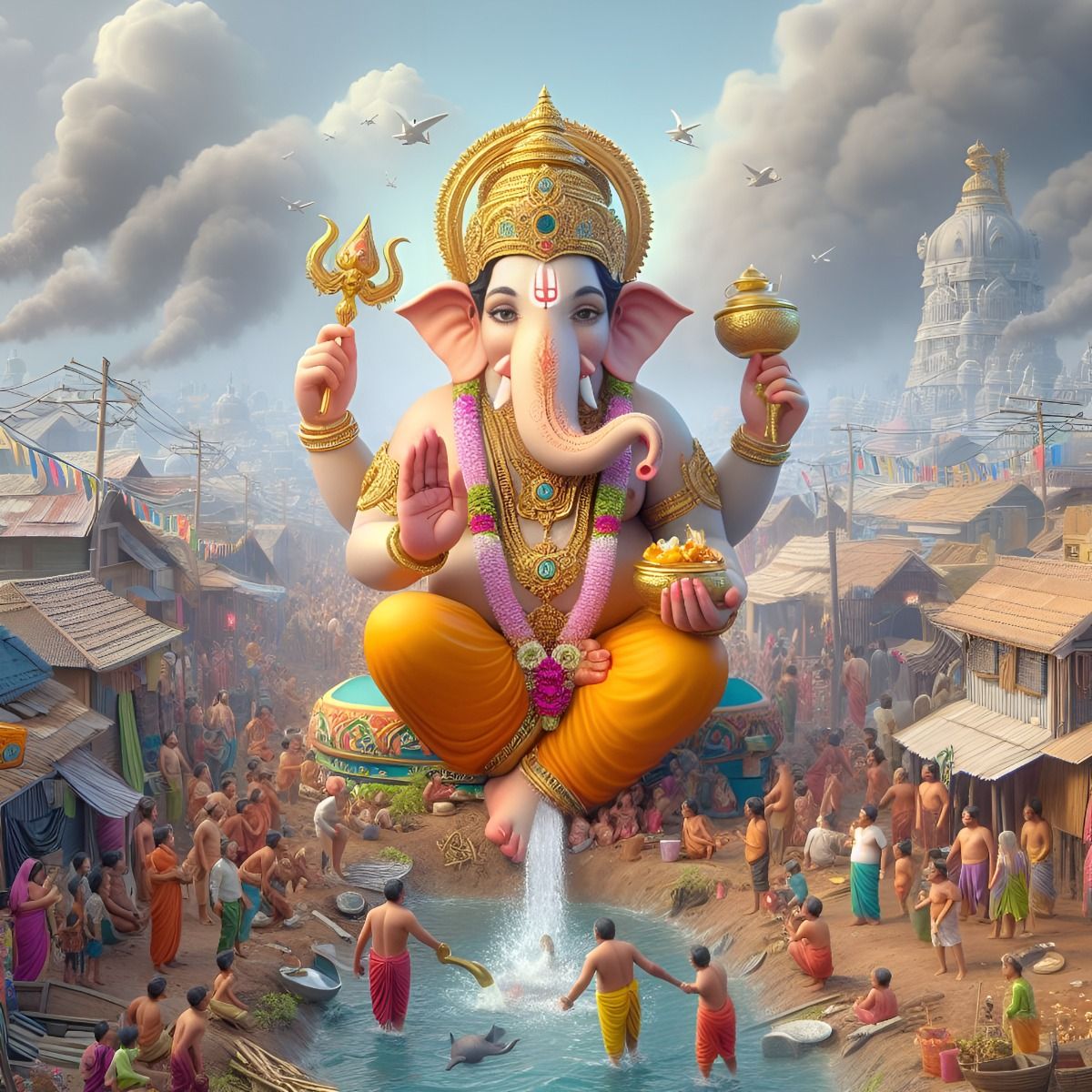 Lord Ganesha overlooking a bustling city