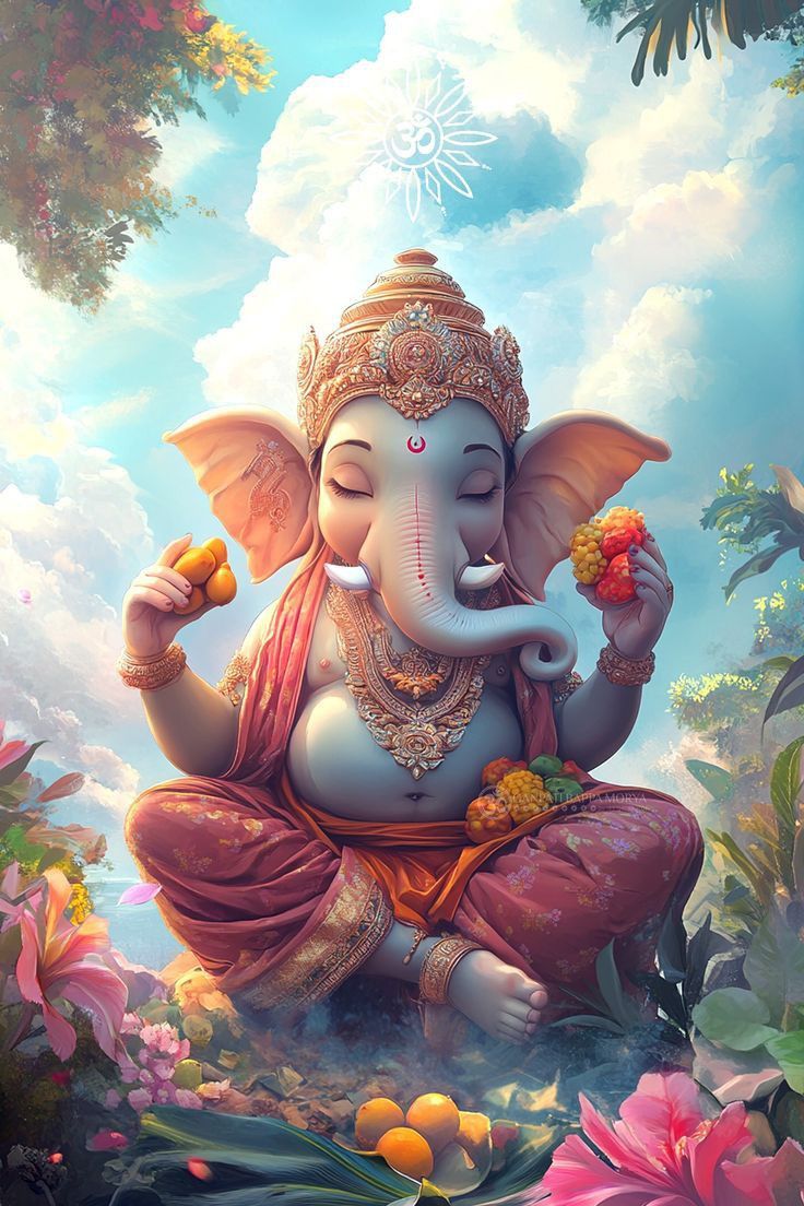 Lord Ganesha amidst clouds and flowers.