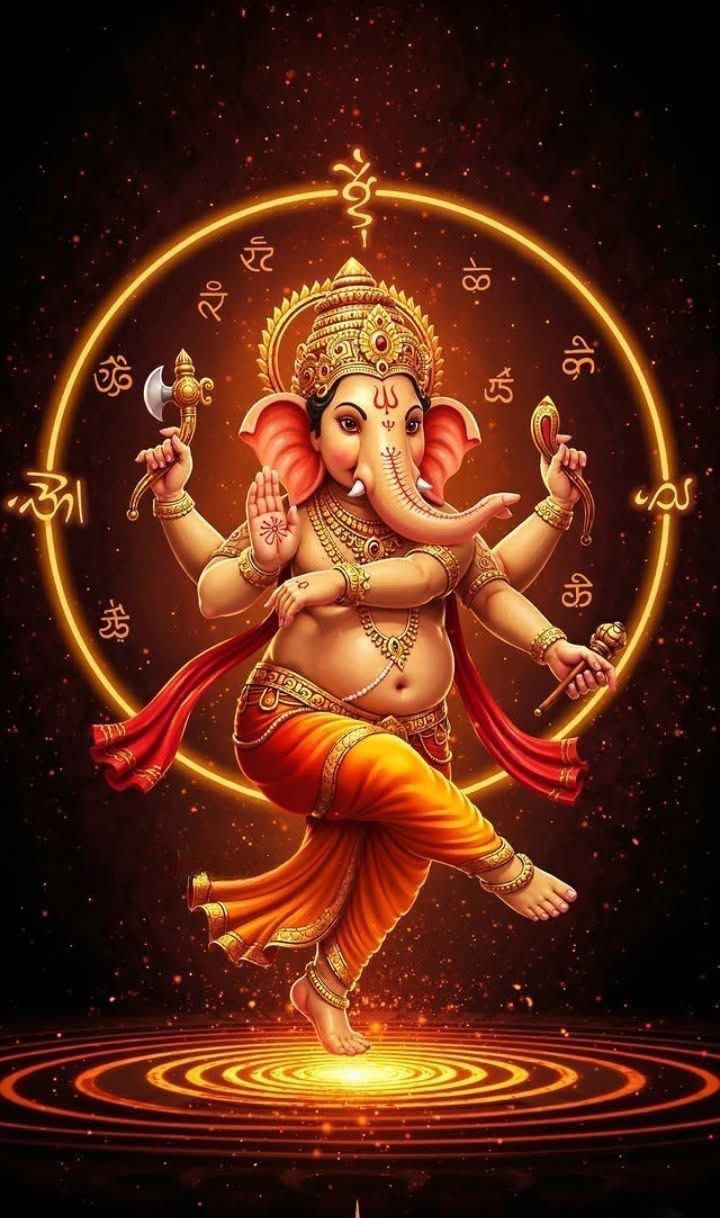 Dancing Ganesha surrounded by divine aura