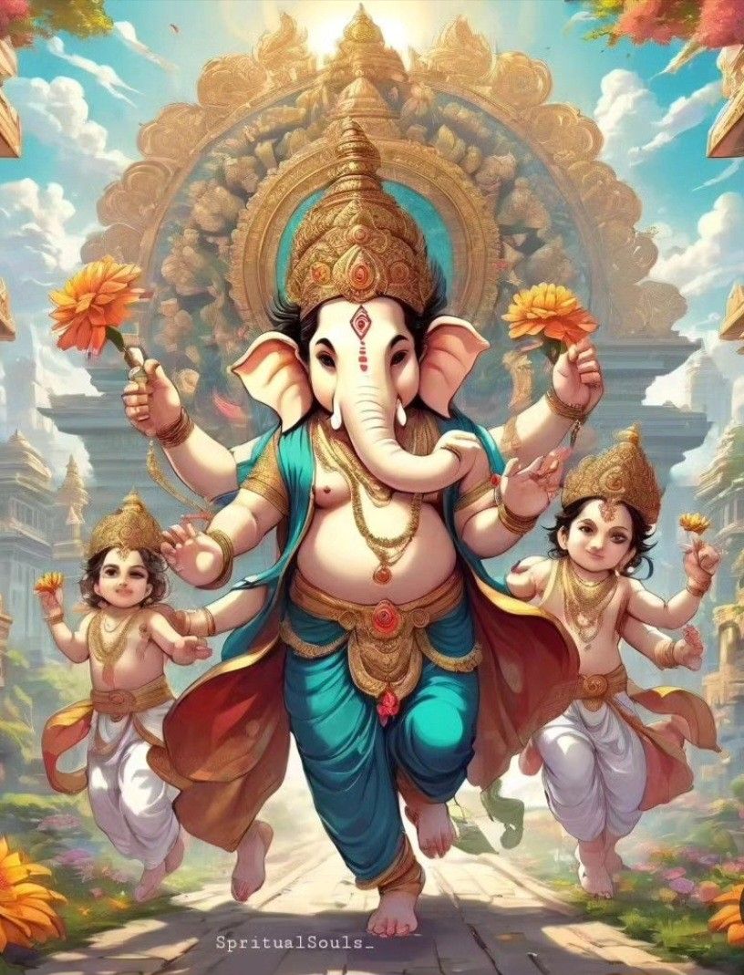Lord Ganesha with two children and lotus