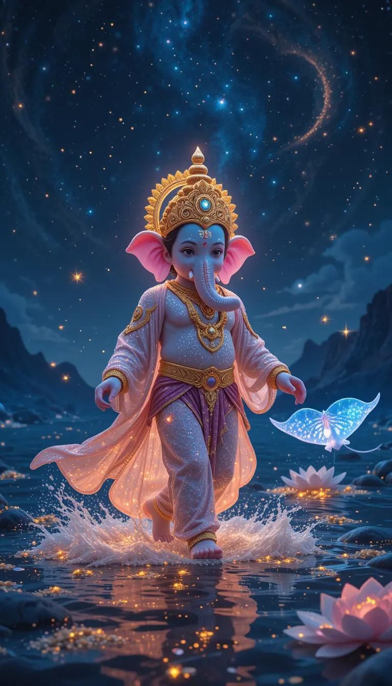 Lord Ganesha amidst stars and lotus