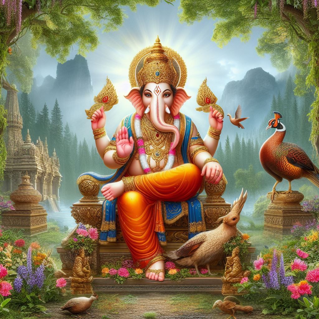 Lord Ganesha in a lush forest setting
