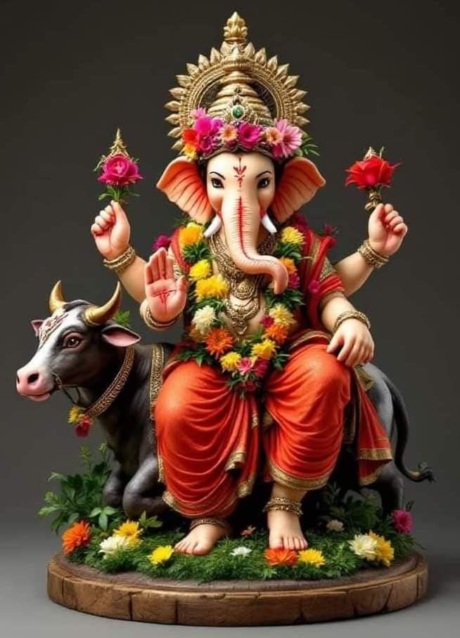 Lord Ganesha seated with mouse and flowers
