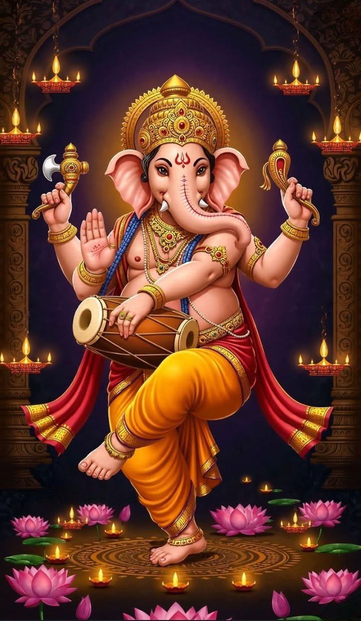 Lord Ganesha playing musical drums.