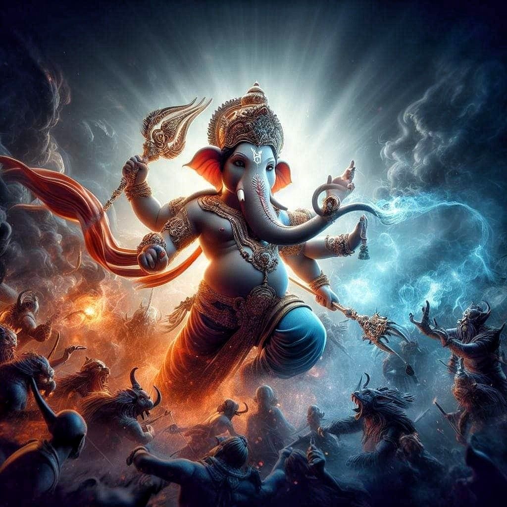 Lord Ganesha defeats demons in cosmos