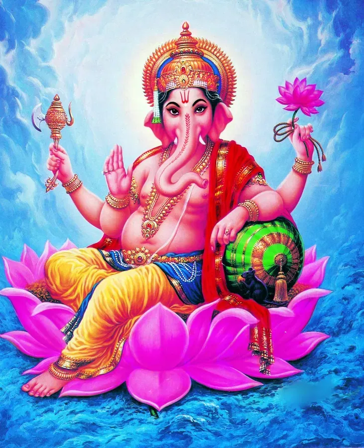 Ganesha seated on pink lotus flower