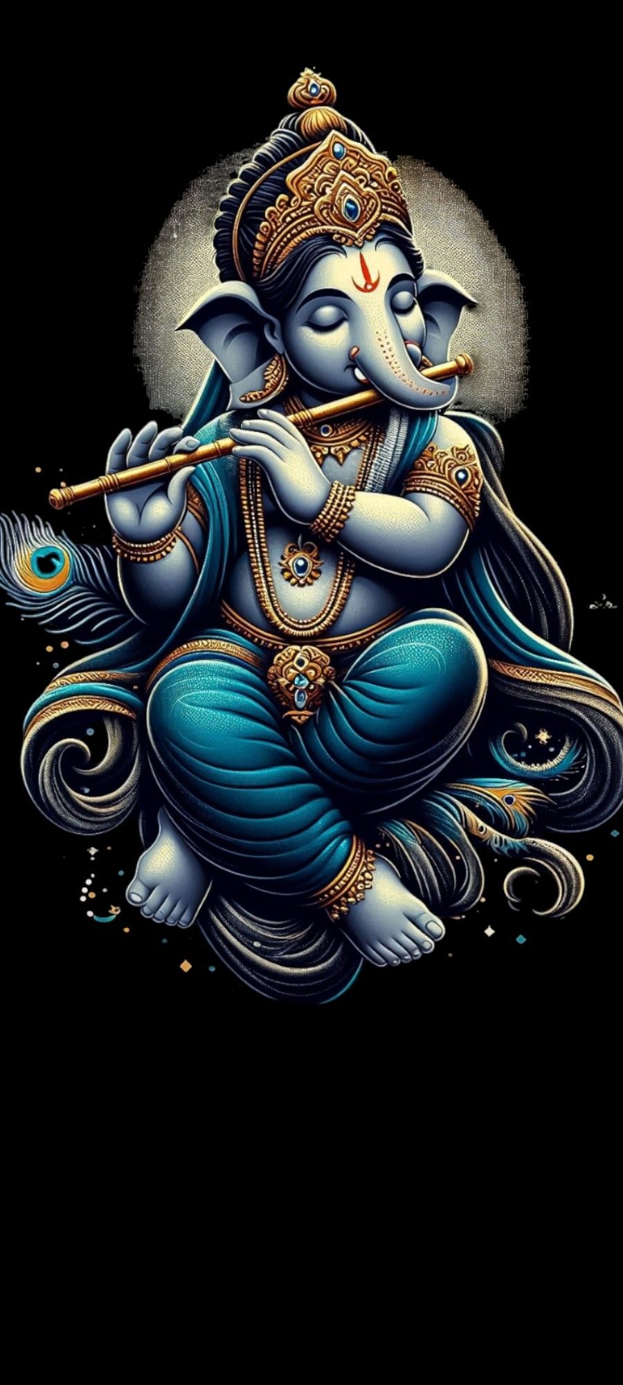 Blue Ganesha playing a flute, divine art.