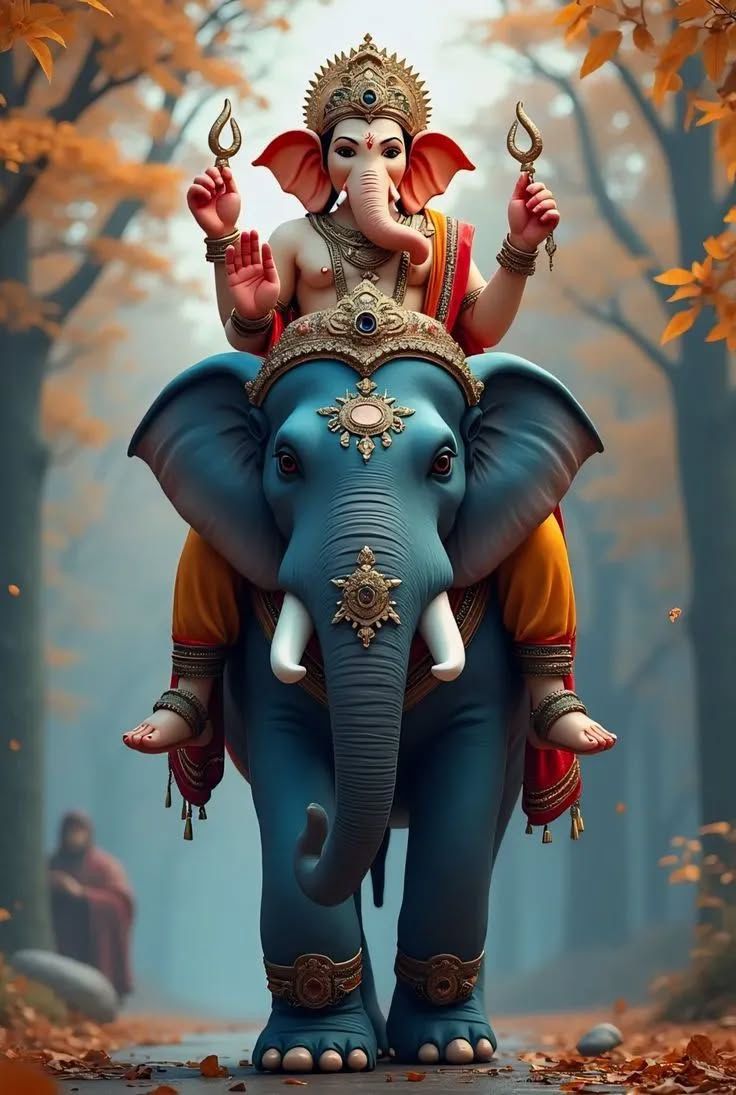 Ganesha riding an elephant in forest