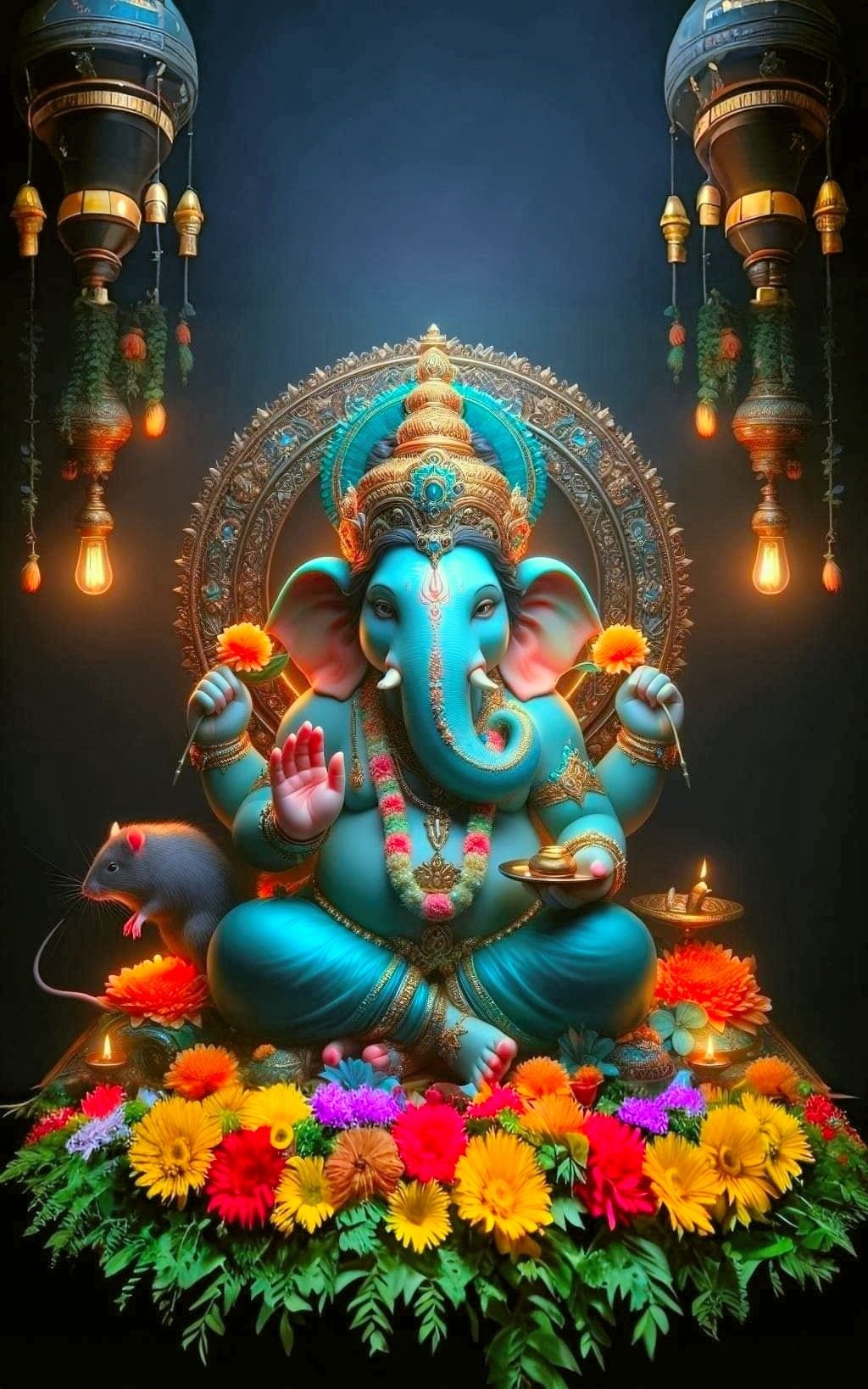 Lord Ganesha with flowers and mouse