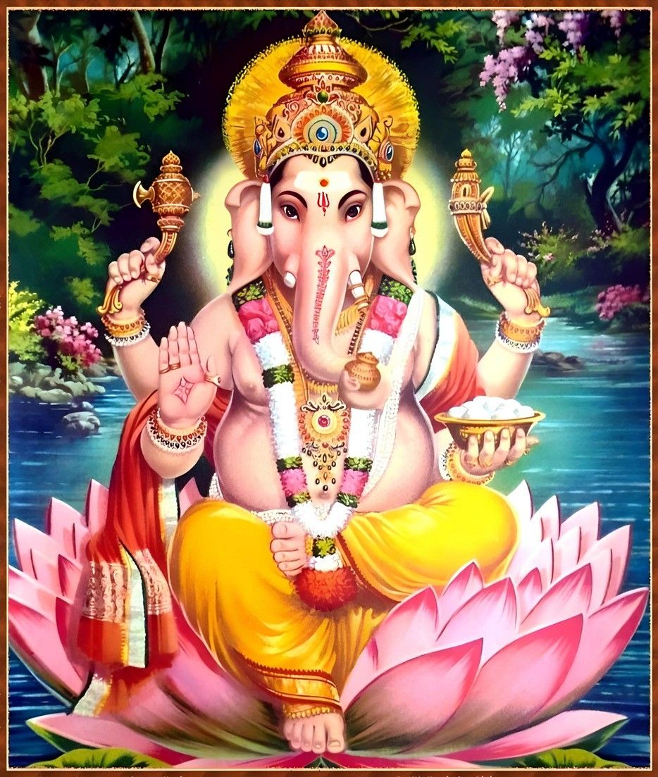 Lord Ganesha seated on a lotus flower.