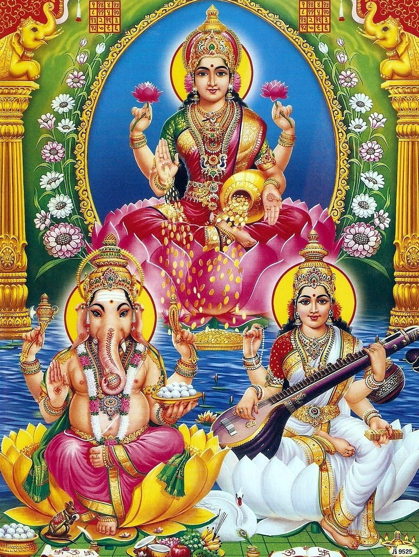 Lakshmi, Ganesha, Saraswati divine family portrait