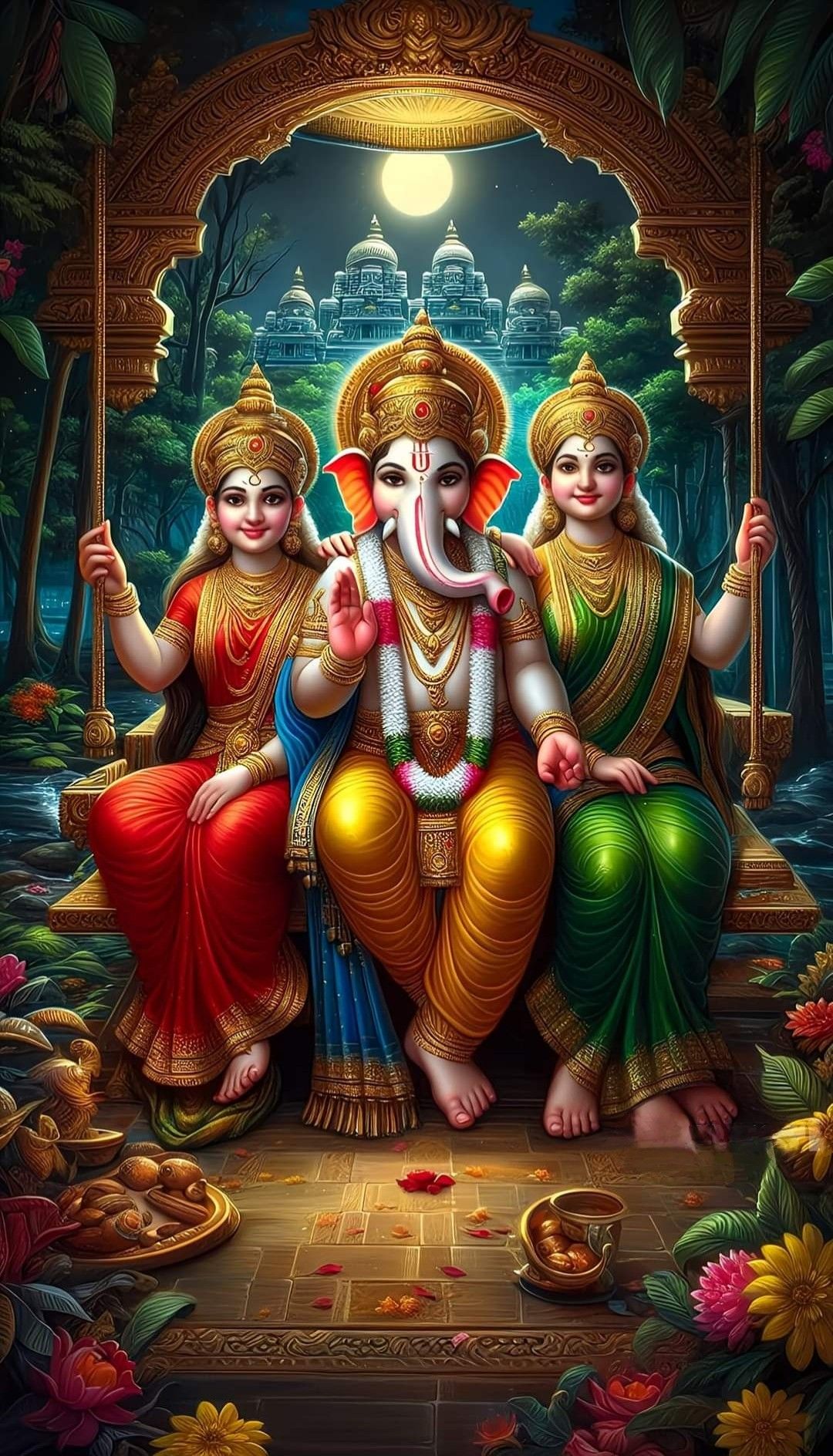 Ganesha, Lakshmi, and Saraswati on a swing