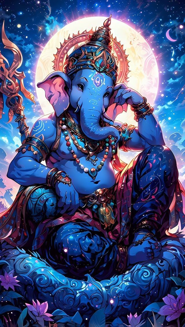 Blue Ganesha surrounded by stars and clouds