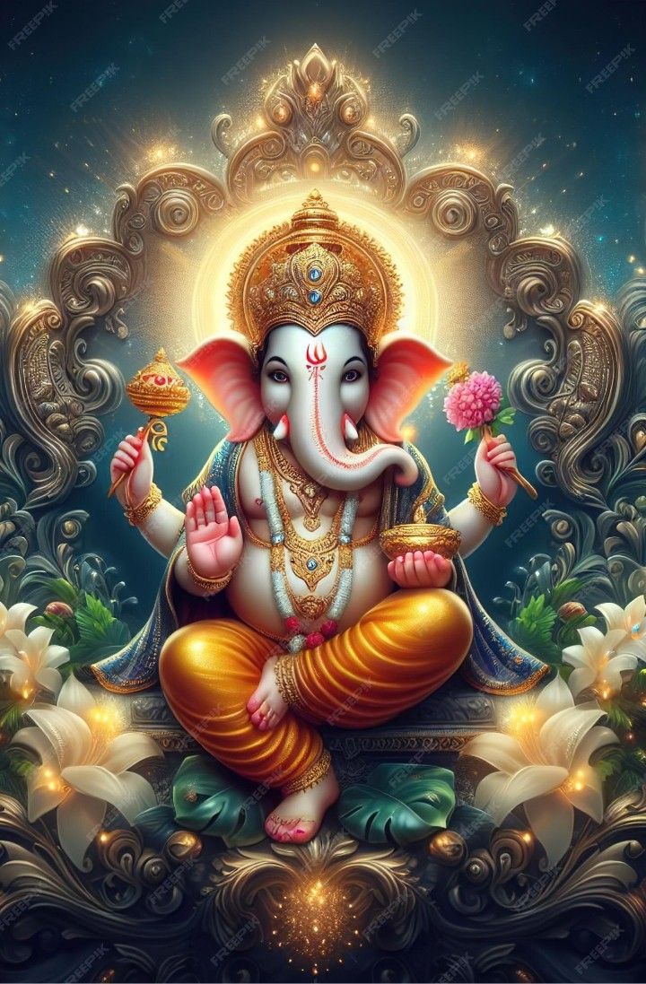Lord Ganesha blessing with lotus flowers