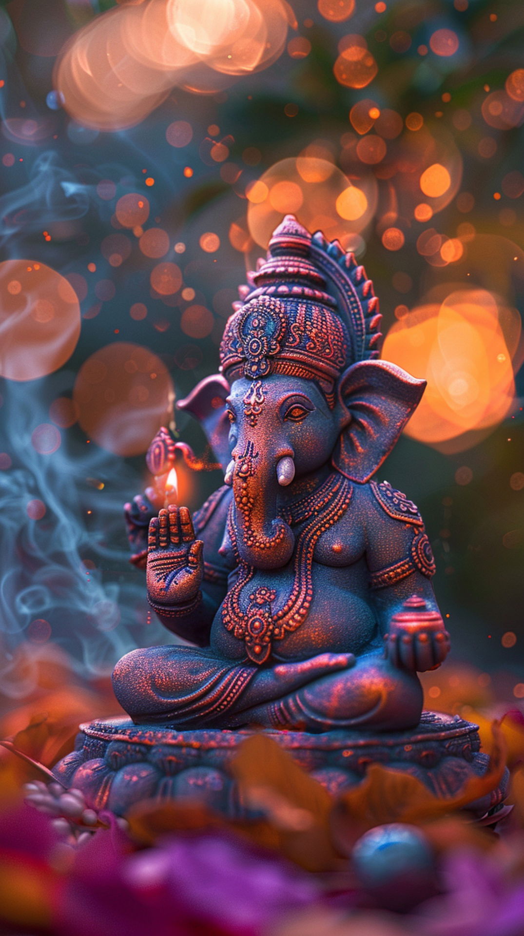 Ganesha with diya and bokeh lights