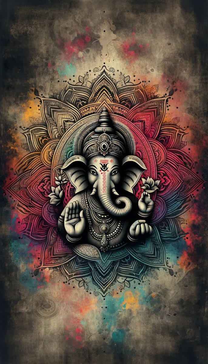 Lord Ganesha amidst vibrant mandala art