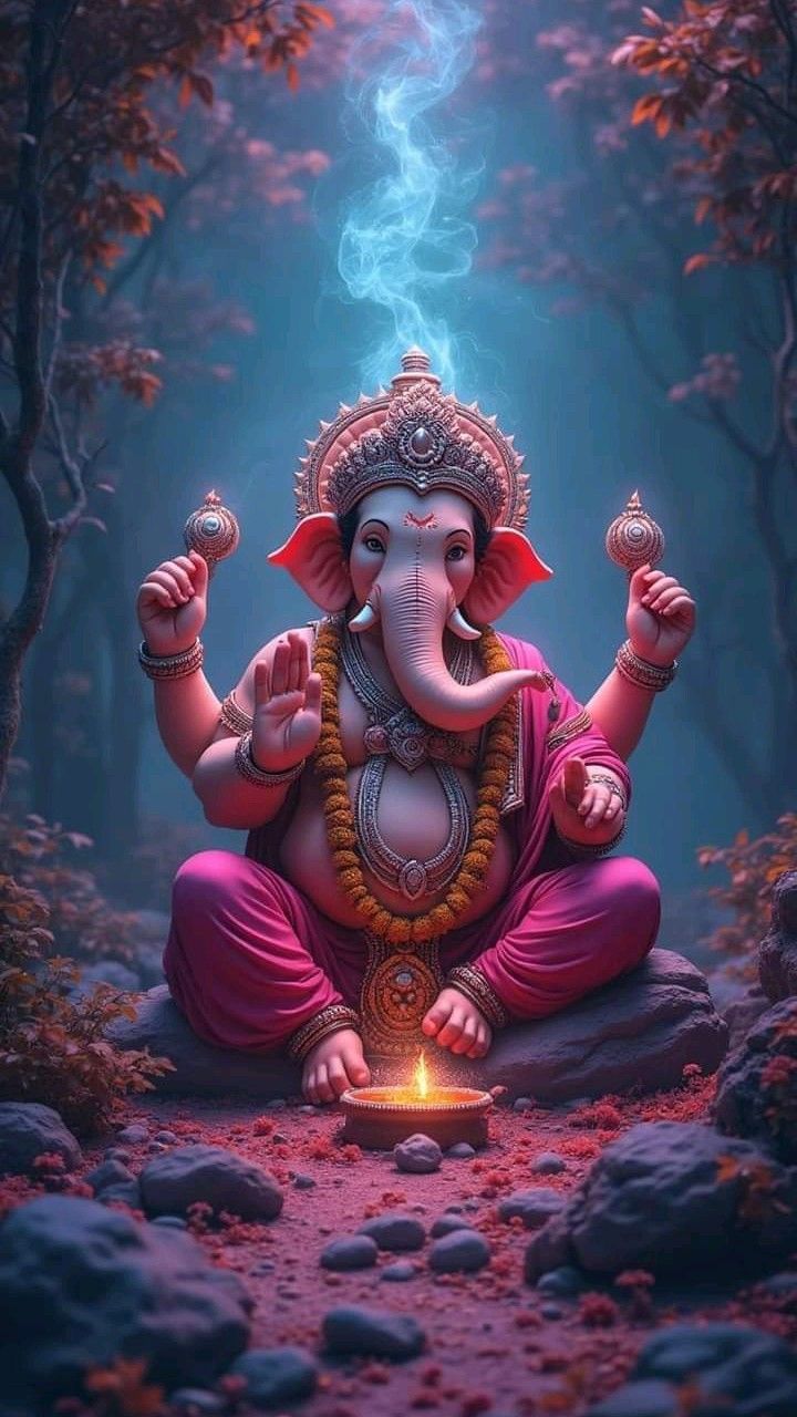 Lord Ganesha with diya and lotus