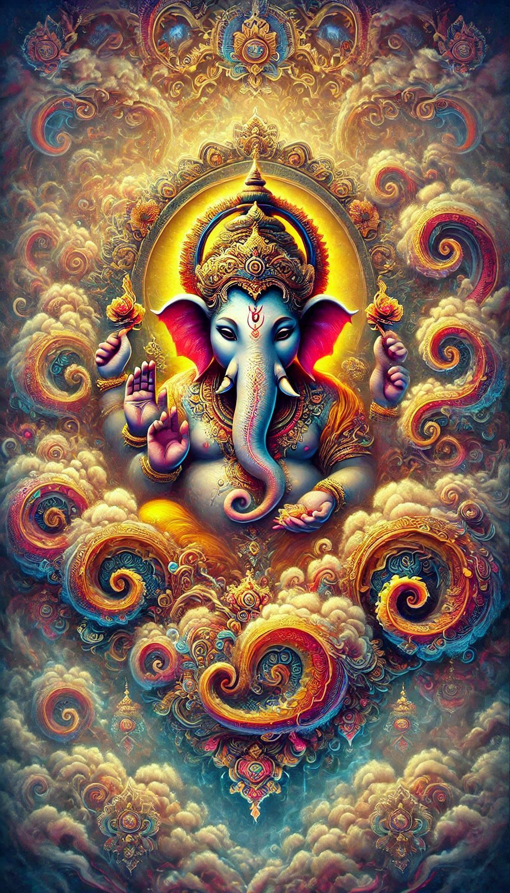 Lord Ganesha in vibrant cosmic setting.