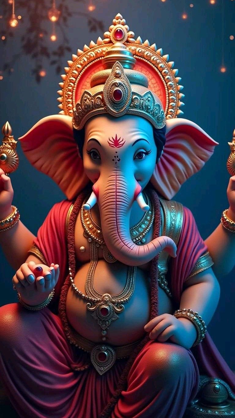 Lord Ganesha with ornate crown and trunk.