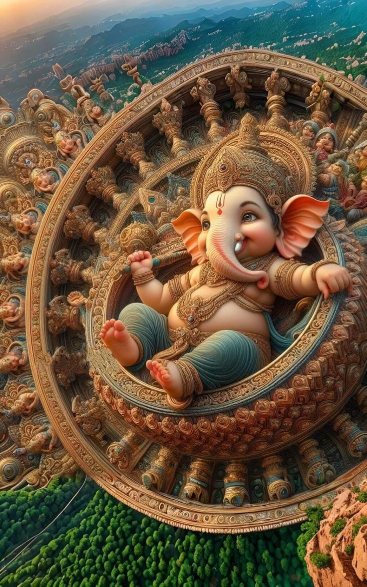 Blissful Ganesha amidst a golden mandala