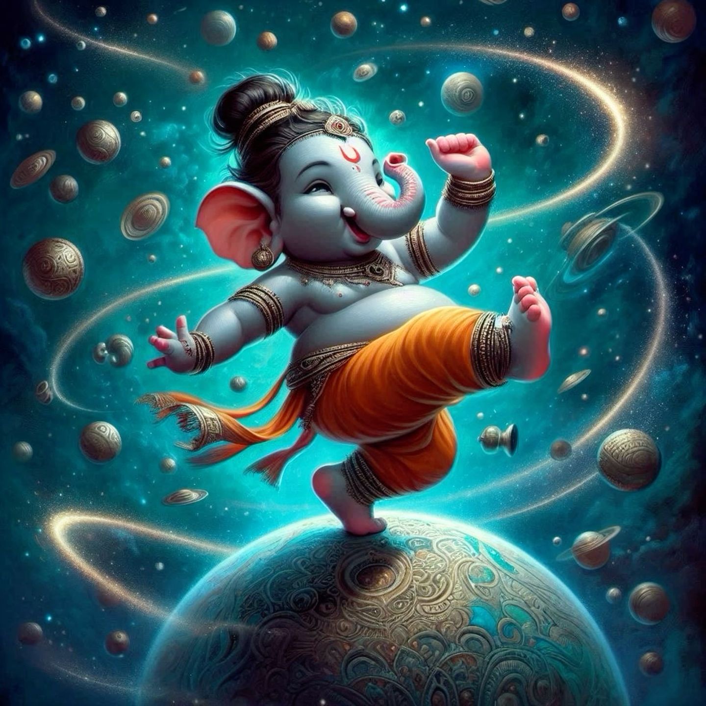 Bal Ganesha dancing among planets