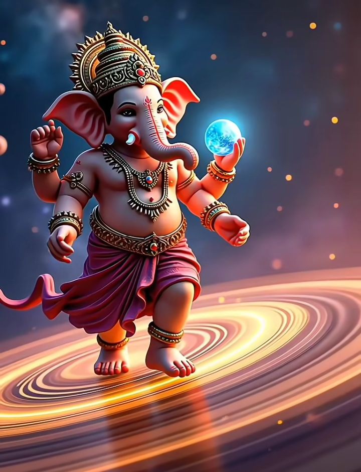 Playful Ganesha holding a cosmic modak