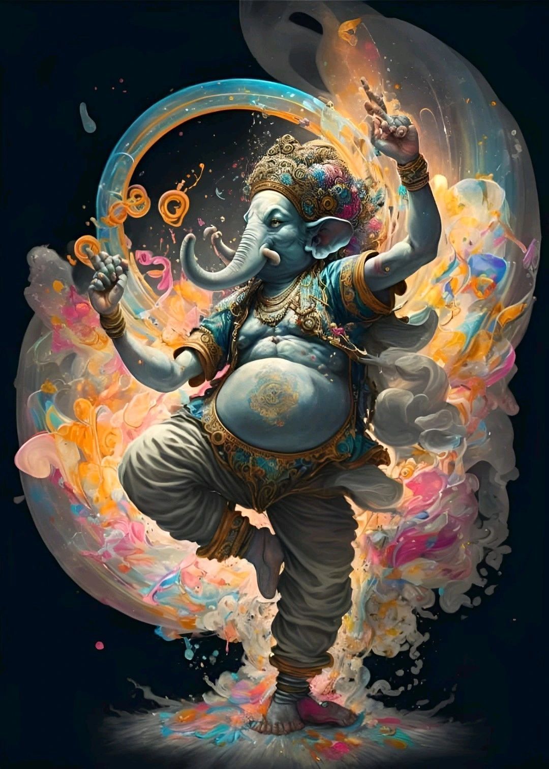 Dancing Ganesha amid colorful cosmic swirls
