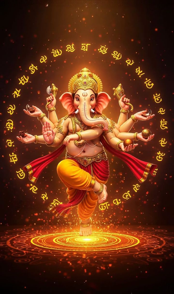 Dancing Ganesha surrounded by mantras