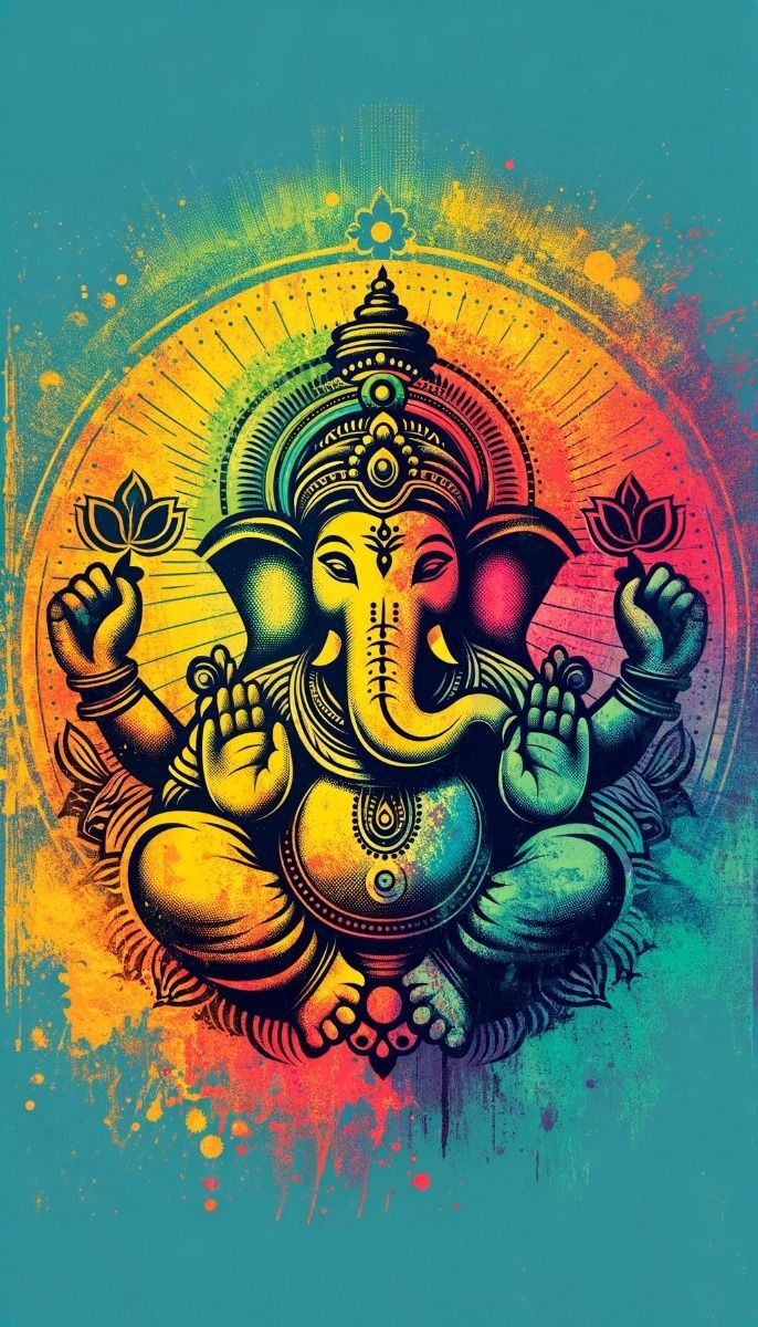 Colorful Ganesha with lotus flowers