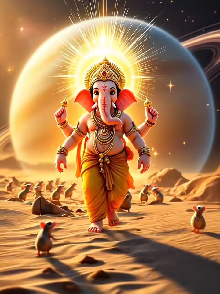 Lord Ganesha amidst cosmic galaxy backdrop