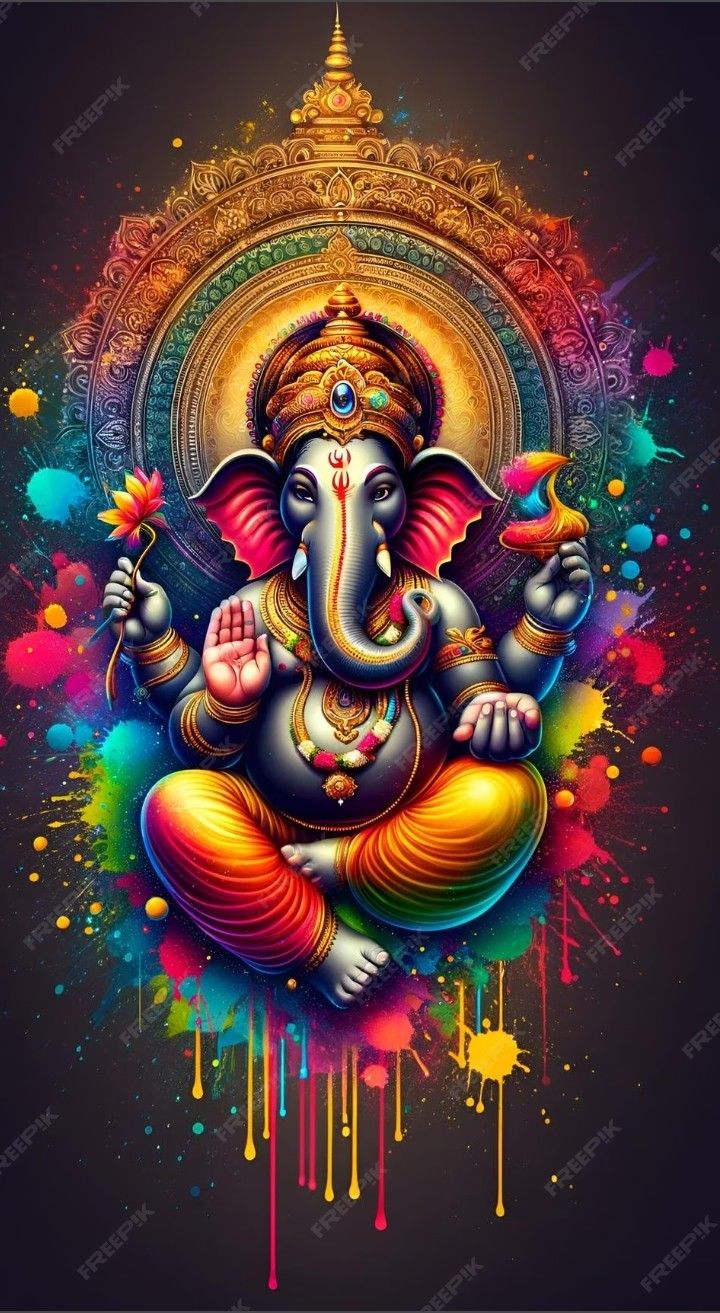 Colorful Ganpati with lotus and mandala.