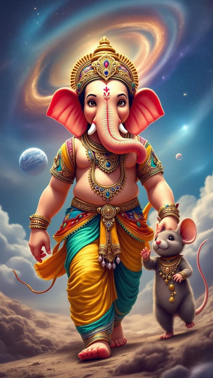 Lord Ganesha walking with a mouse