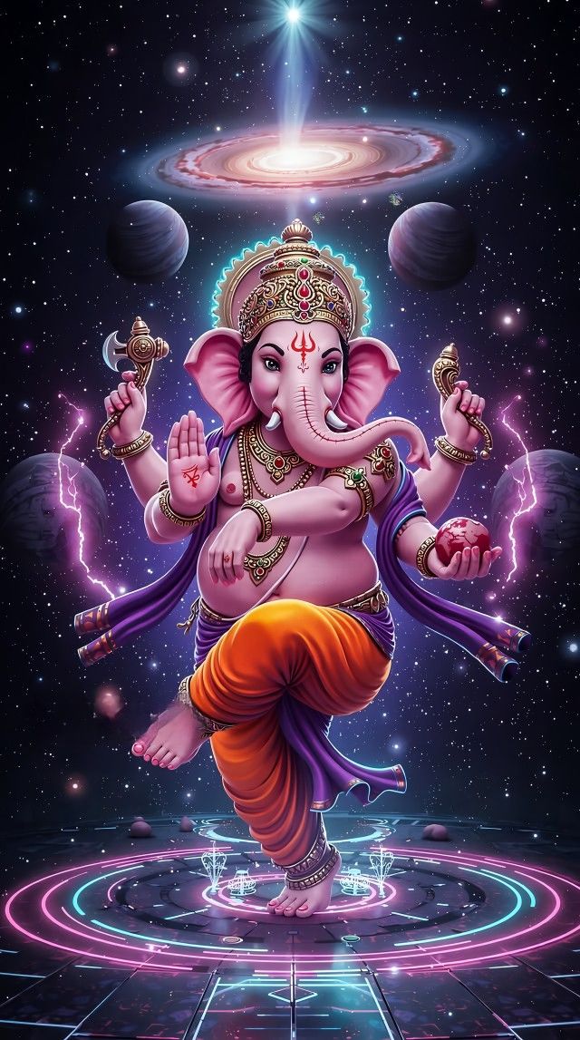 Lord Ganesha in cosmic, vibrant setting.