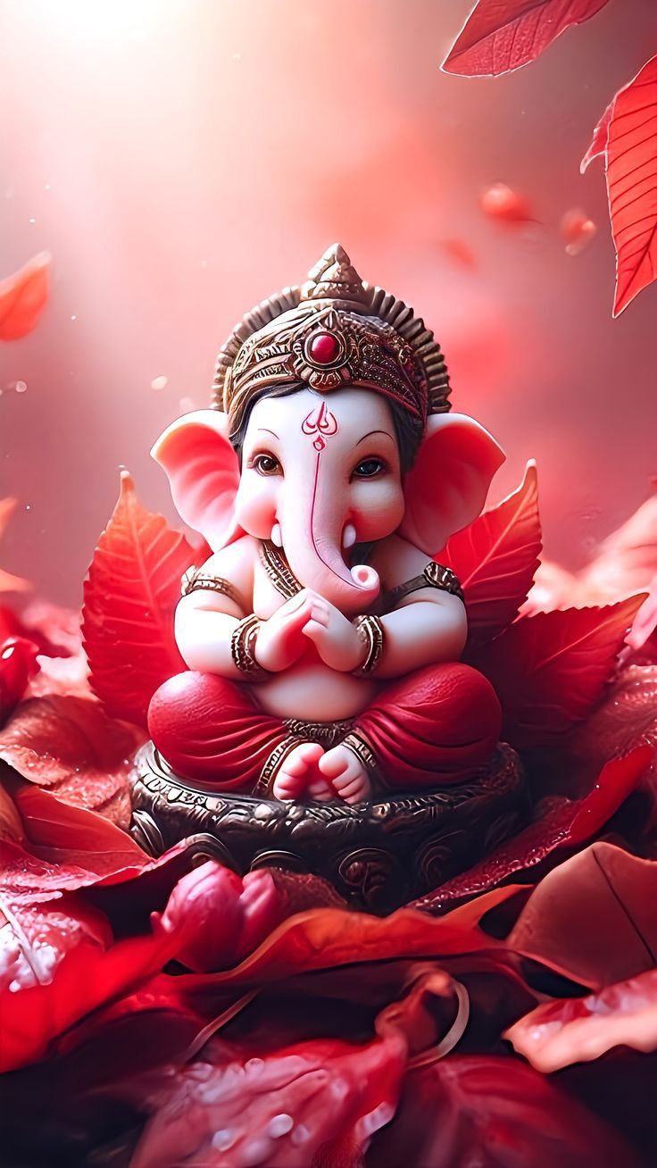 Adorable Ganesha amidst red flower petals