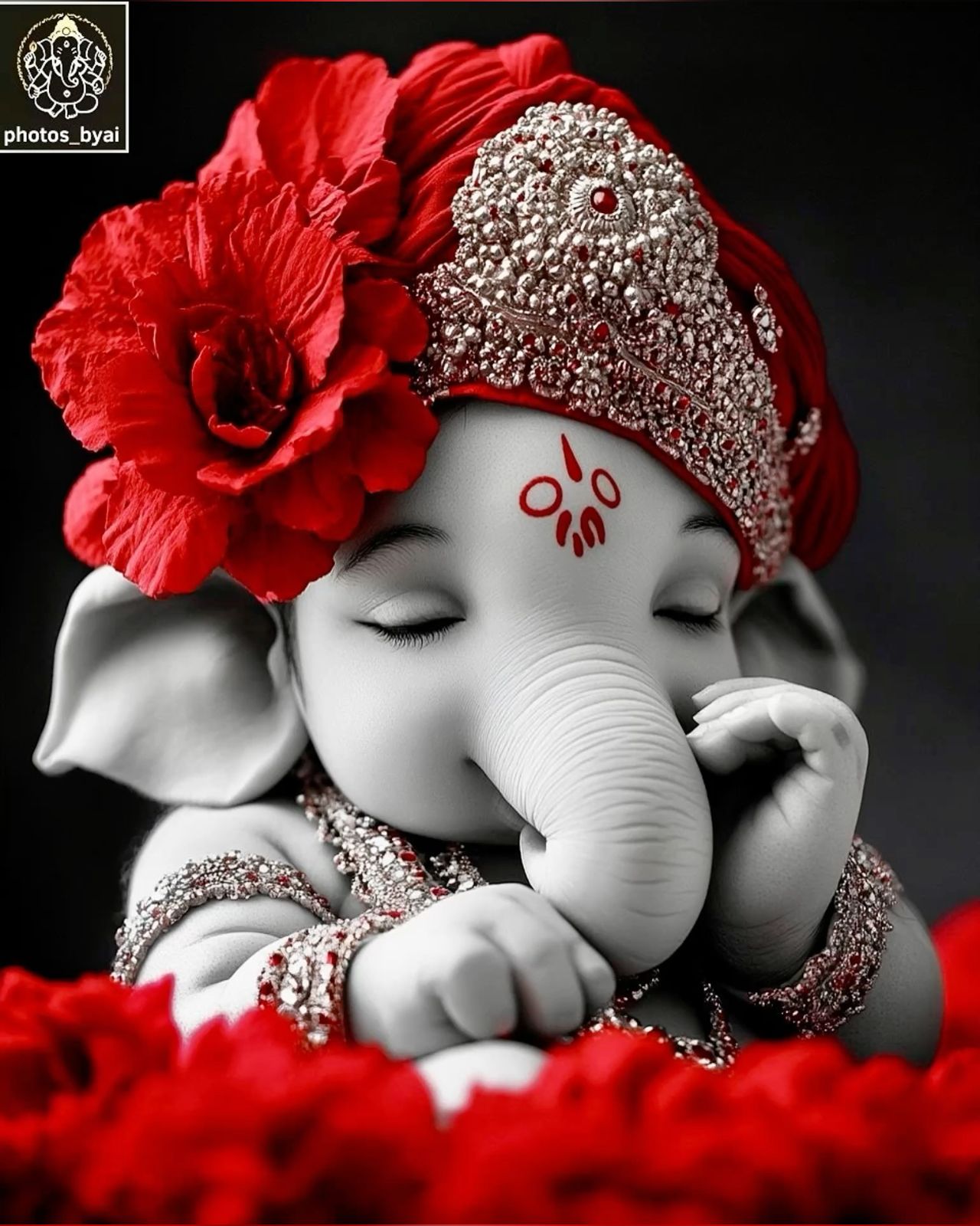 Lord Ganesha adorned with red flowers