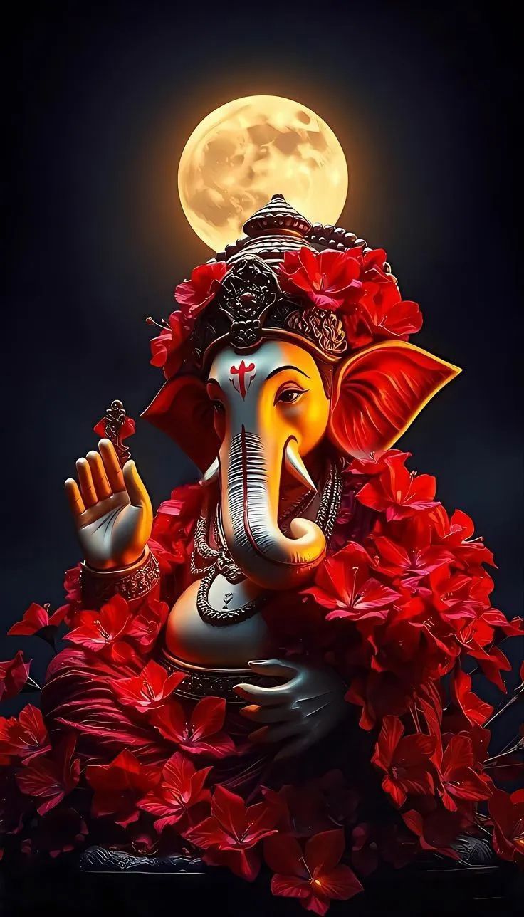 Ganesha adorned with red flowers, full moon