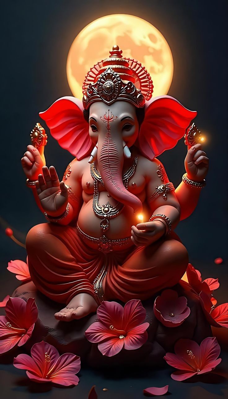 Lord Ganesha amidst red hibiscus flowers