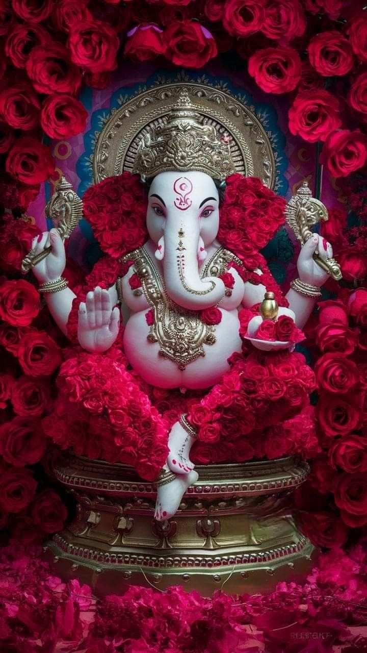 Lord Ganesha surrounded by red roses