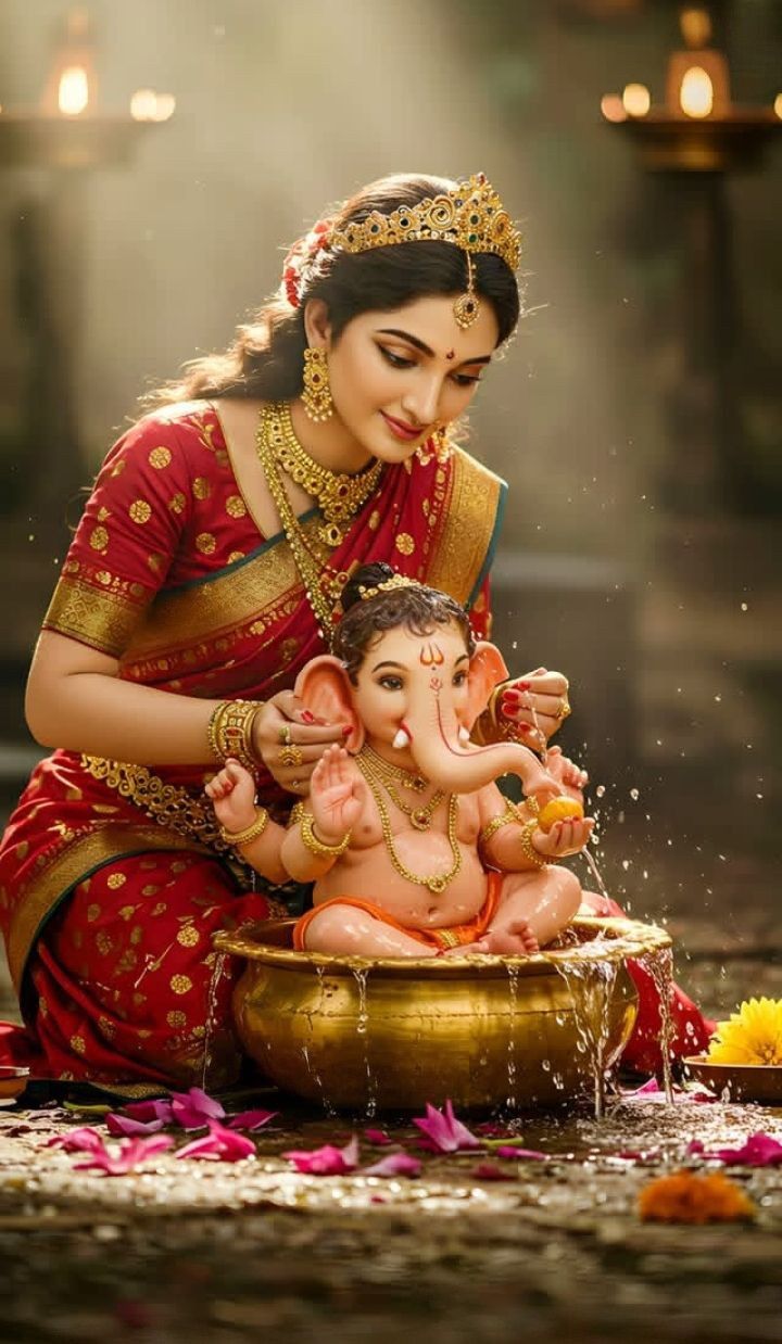 Woman bathing baby Ganesha with love