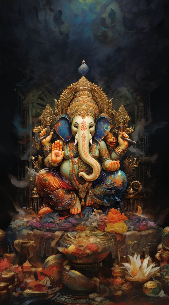 Lord Ganesha with modak and lotus.