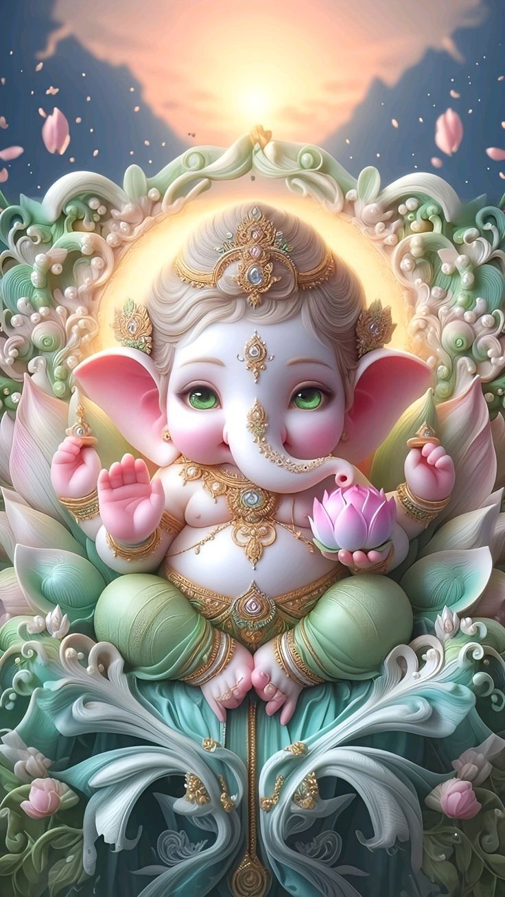 Adorable Ganesha with lotus flower