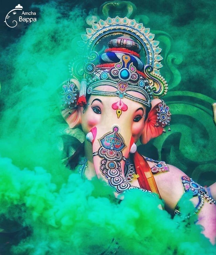 Lord Ganesha surrounded by green smoke.