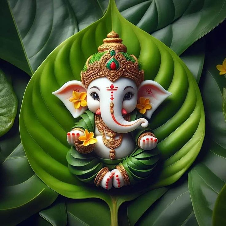 Ganesha nestled in a lotus leaf.