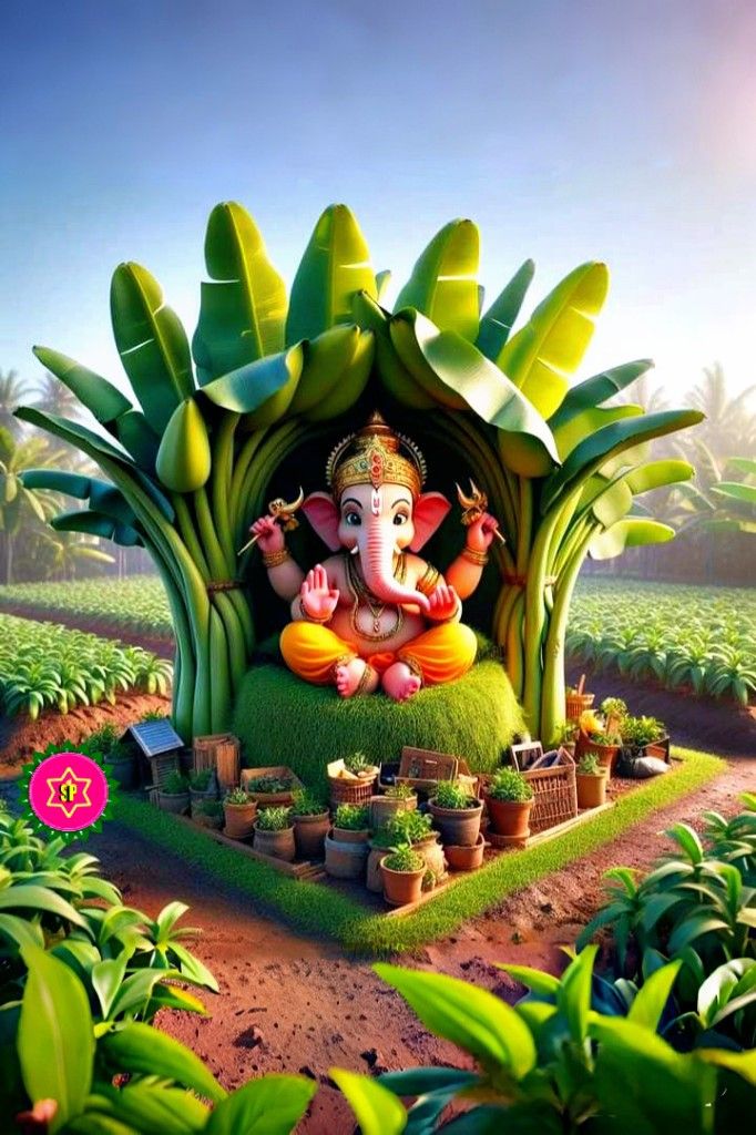 Ganesha amidst lush green banana leaves