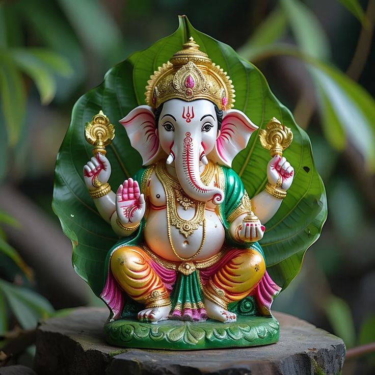 Ganesha idol within a green leaf