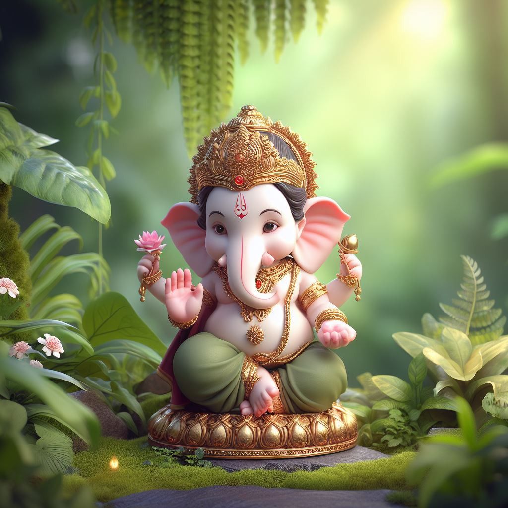 Ganesha amongst lush green foliage.